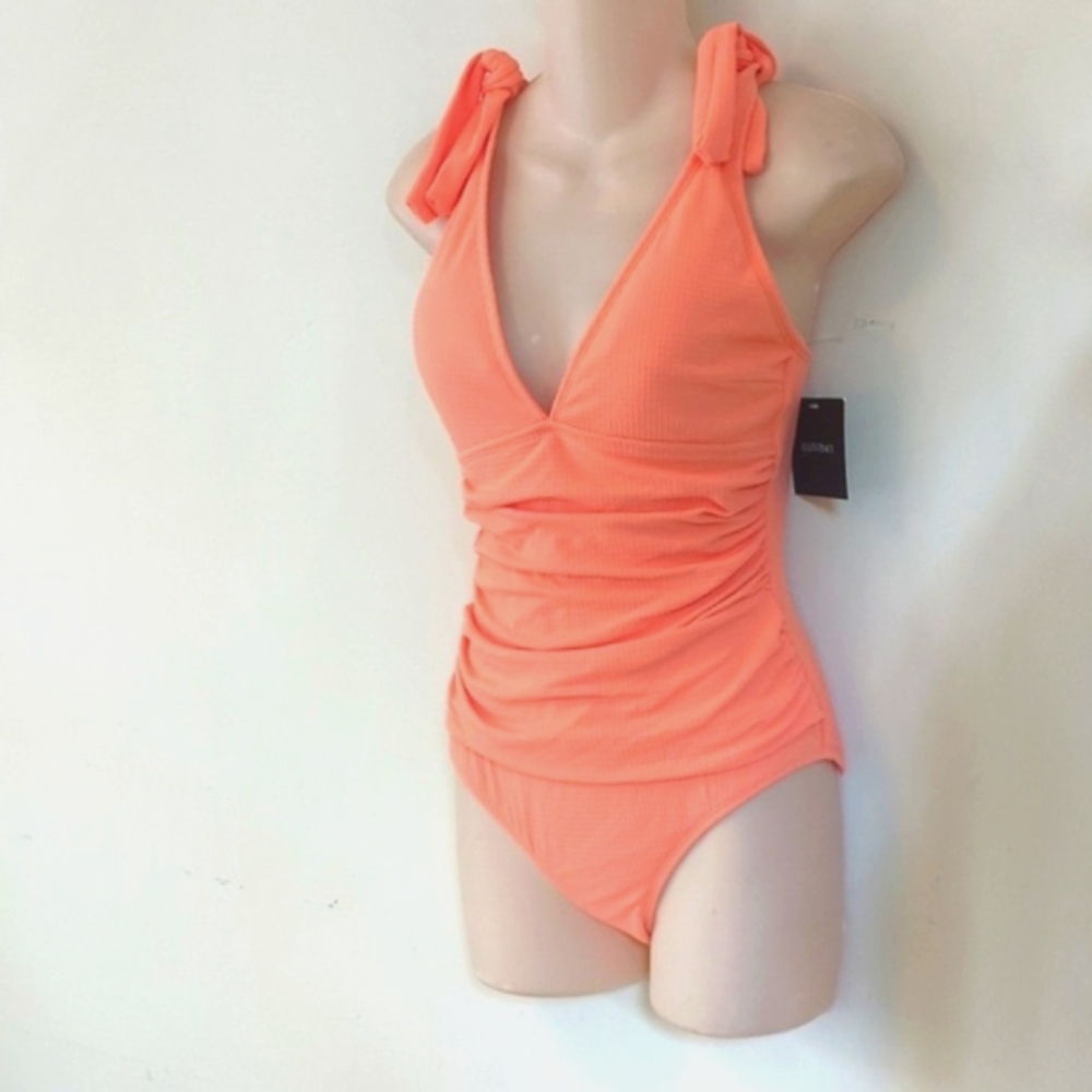 Ellen Tracy Coral Ruched Plunging Neck One-piece Swimsuit 8